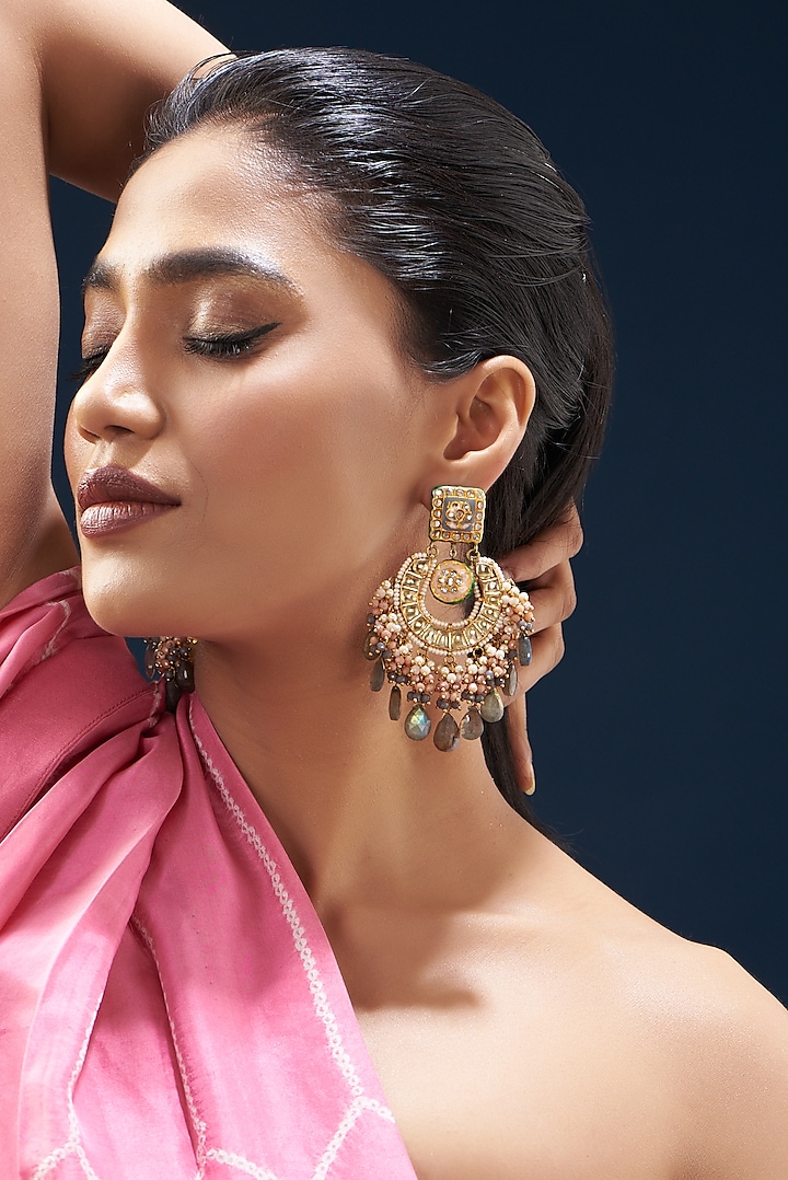 Gold Plated Semi-Precious Stone Meenakari Chandbali Earrings by Turquoise Jewels