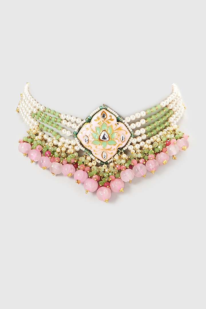 Gold Plated Semi-Precious Stone Meenakari Choker Necklace by Turquoise Jewels at Pernia's Pop Up Shop