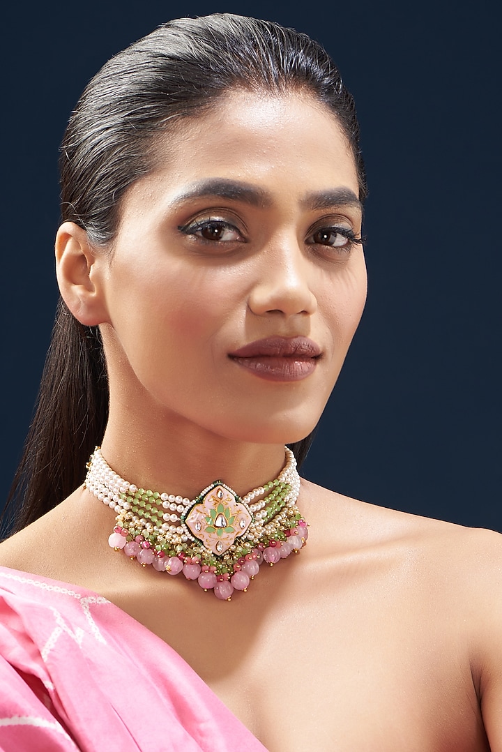Gold Plated Semi-Precious Stone Meenakari Choker Necklace by Turquoise Jewels at Pernia's Pop Up Shop