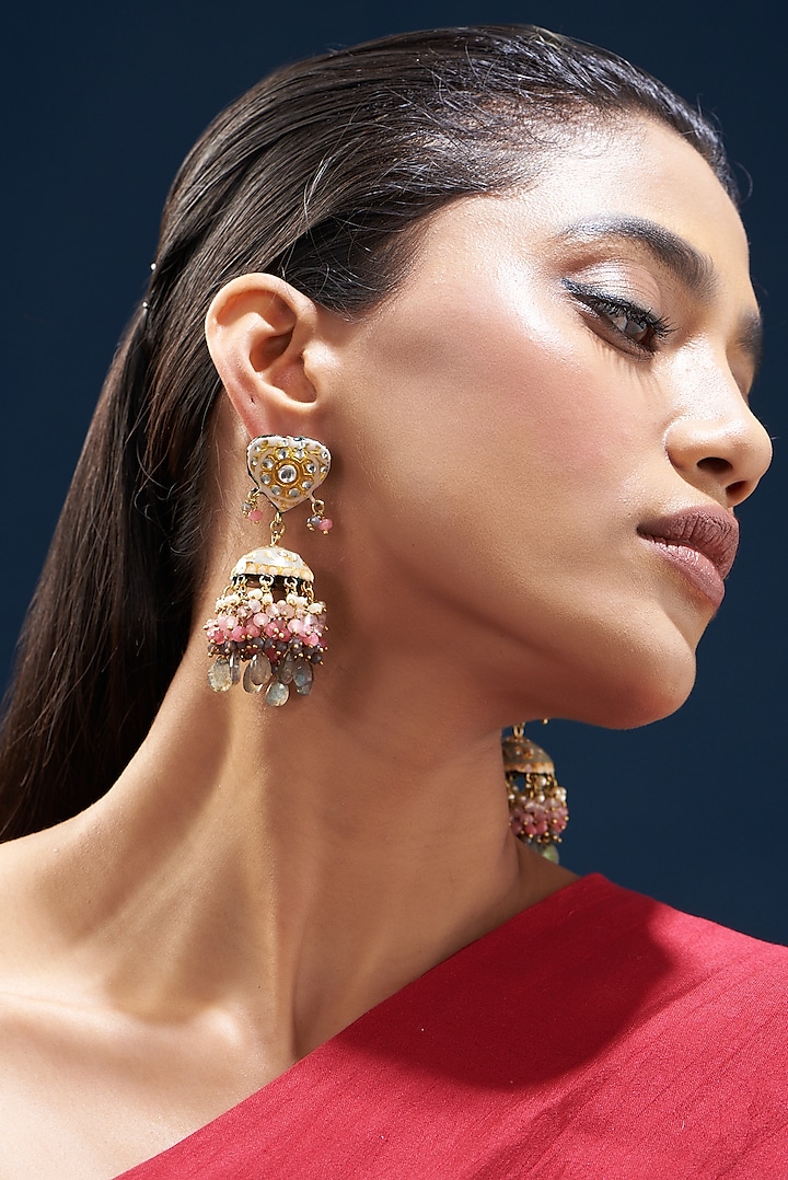 Gold Plated Semi-Precious Stone Meenakari Enameled Earrings by Turquoise Jewels