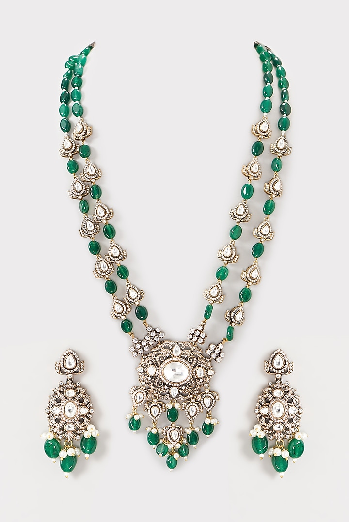 Gold Plated Kundan Polki & Semi-Precious Stone Long Necklace Set by Turquoise Jewels at Pernia's Pop Up Shop