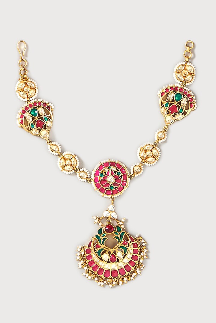 Gold Plated Kundan Polki & Semi-Precious Stone Mathapatti by Turquoise Jewels