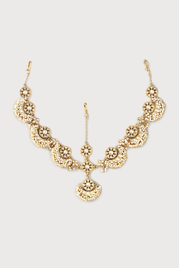 Gold Plated Kundan Polki & Semi-Precious Stone Mathapatti by Turquoise Jewels