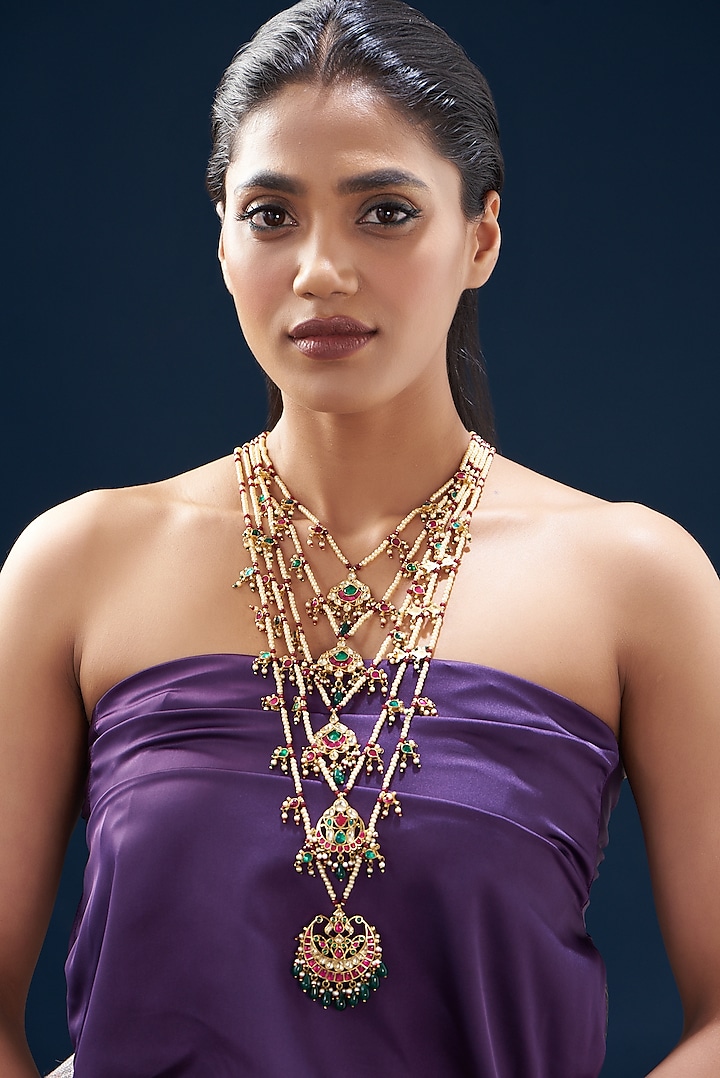Gold Plated Kundan Polki & Semi-Precious Stone Long Necklace by Turquoise Jewels