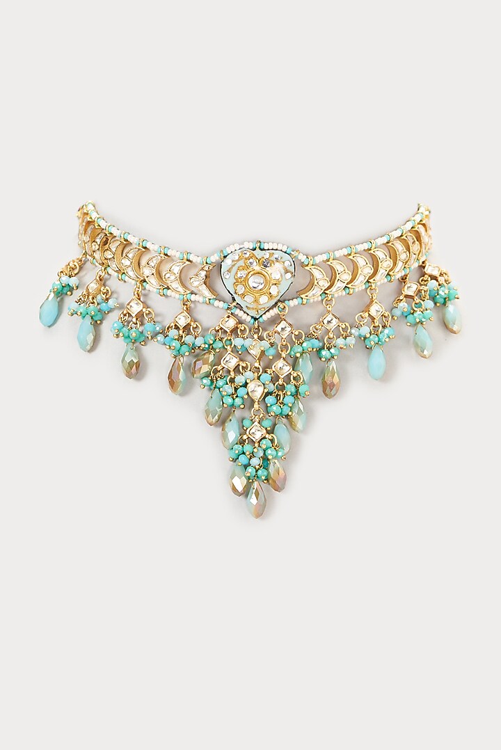Gold Plated Semi-Precious Stone Meenakari Enameled Choker Necklace by Turquoise Jewels at Pernia's Pop Up Shop