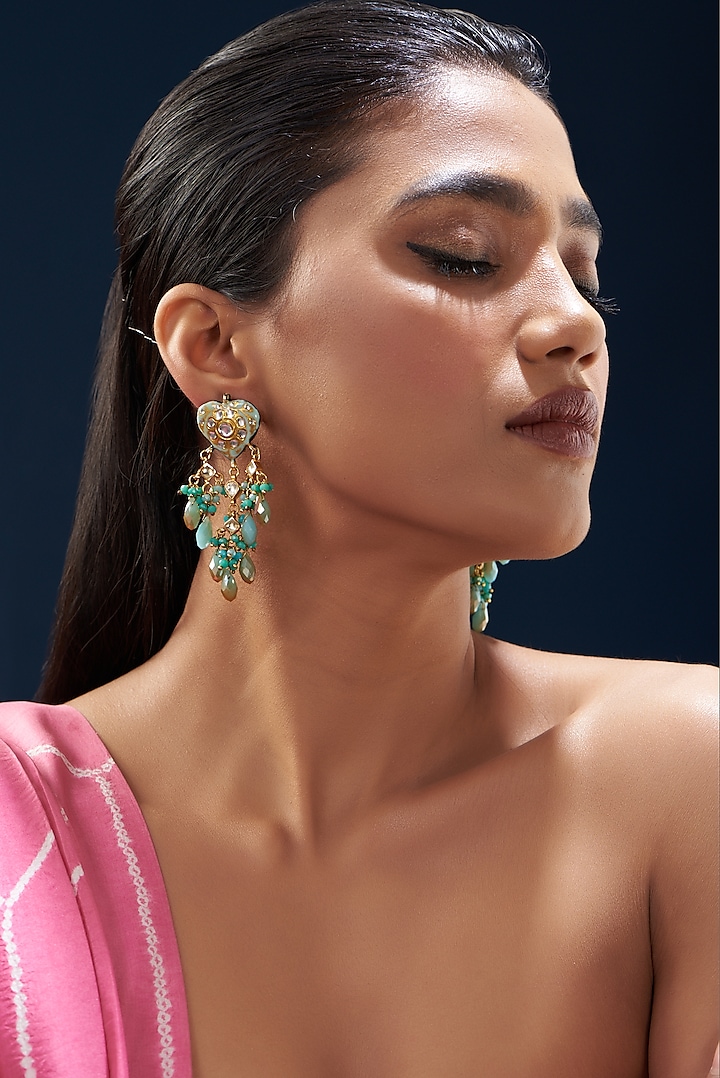 Gold Plated Semi-Precious Stone Meenakari Enameled Dangler Earrings by Turquoise Jewels