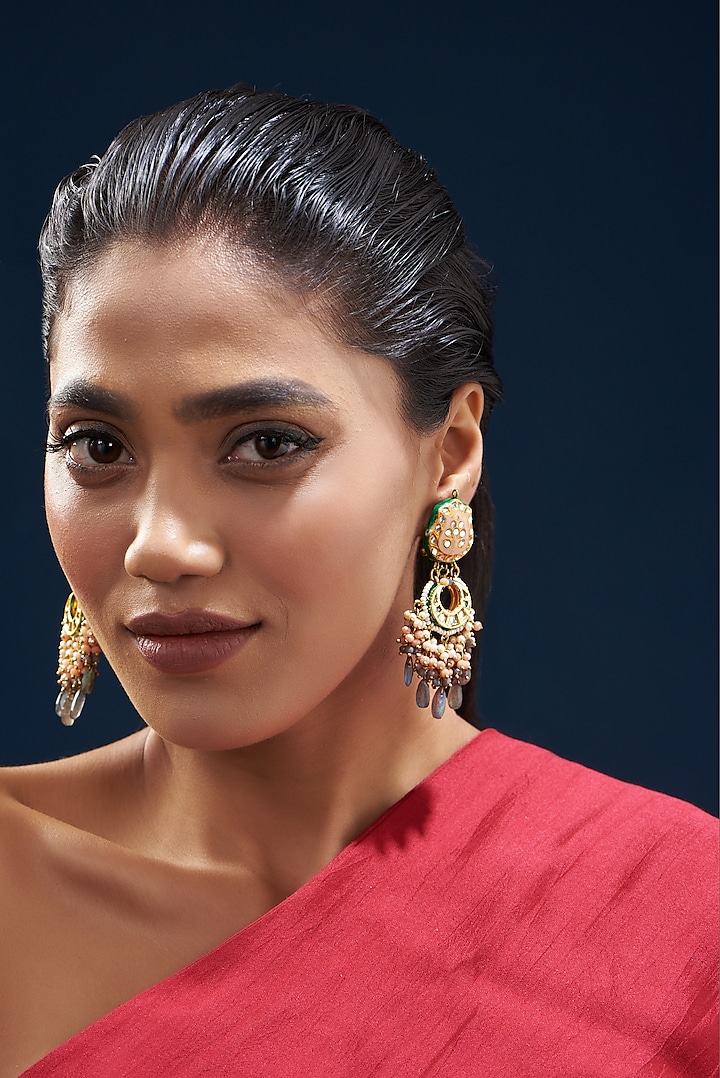 Gold Plated Semi-Precious Stone Meenakari Enameled Dangler Earrings by Turquoise Jewels