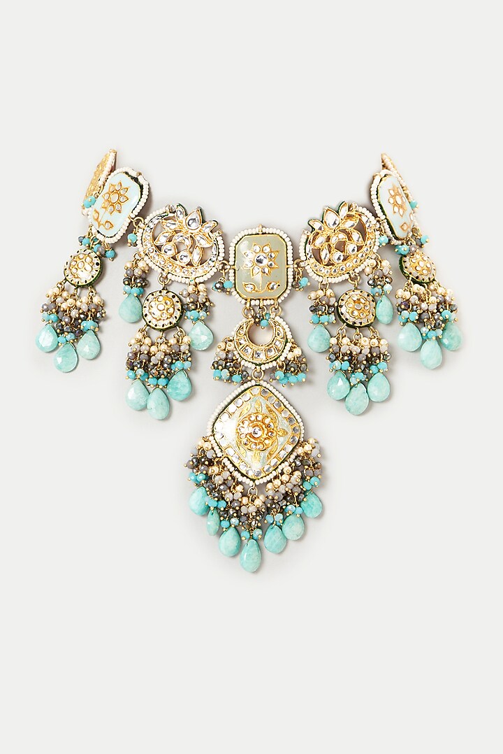 Gold Plated Semi-Precious Stone Meenakari Enameled Choker Necklace by Turquoise Jewels at Pernia's Pop Up Shop