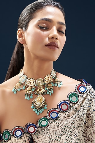 Gold Plated Semi-Precious Stone Meenakari Enameled Choker Necklace by Turquoise Jewels