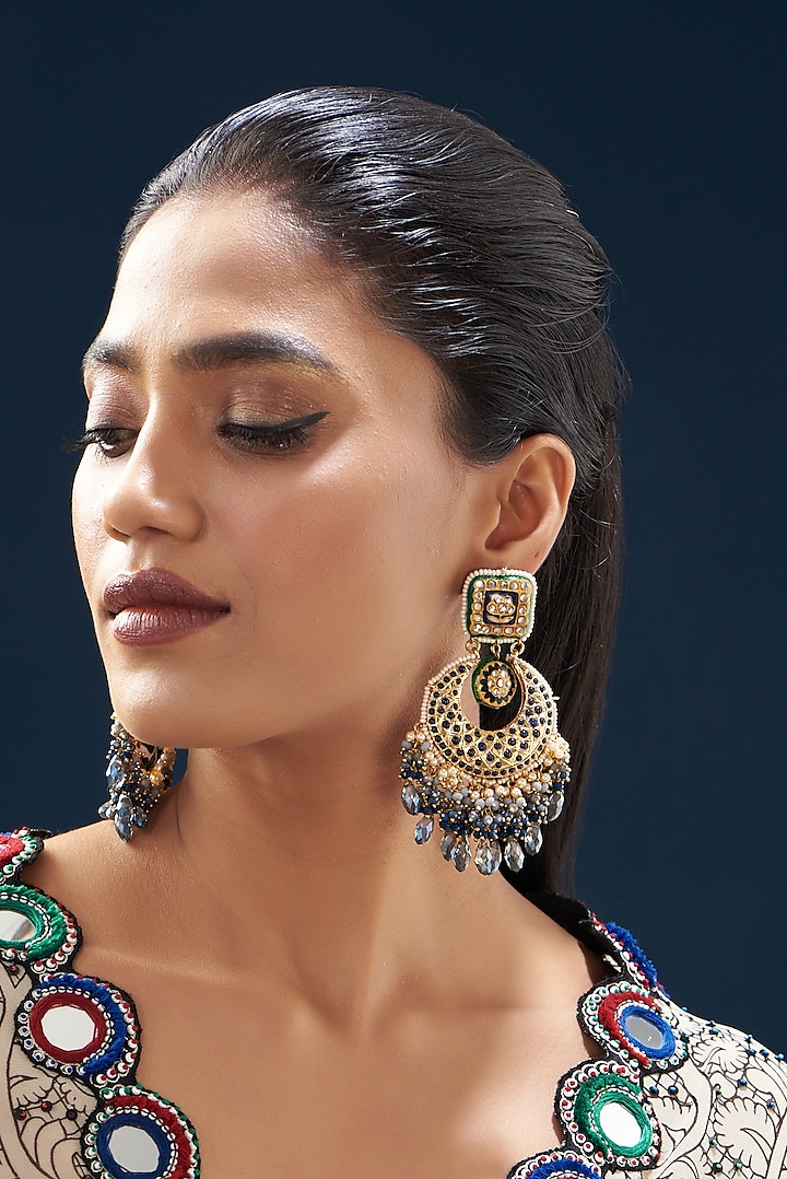 Gold Plated Semi-Precious Stone Meenakari Enameled Chandbali Earrings by Turquoise Jewels