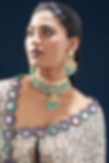 Gold Plated Kundan Polki & Semi-Precious Stone Choker Necklace Set by Turquoise Jewels