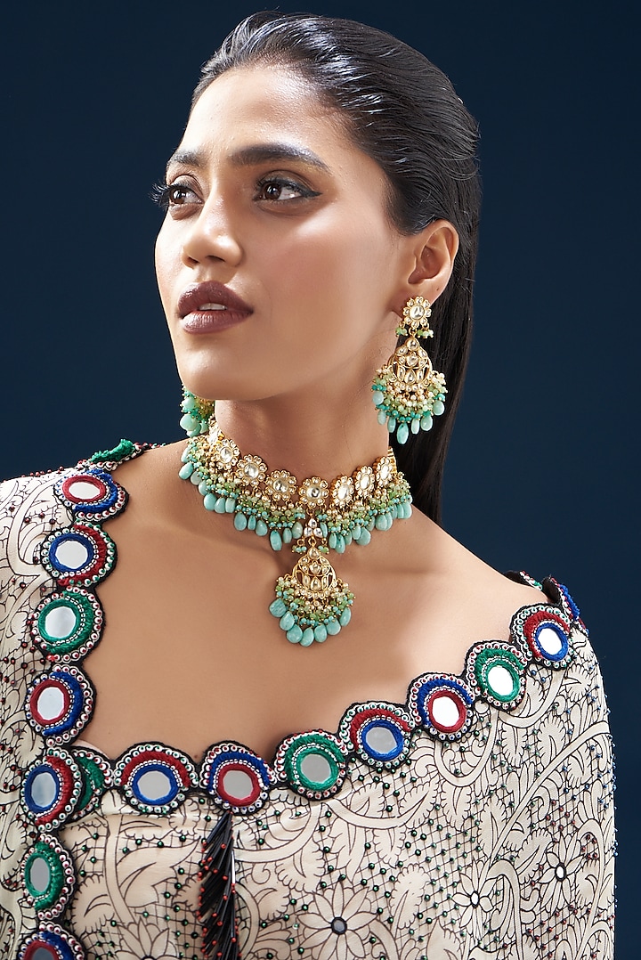 Gold Plated Kundan Polki & Semi-Precious Stone Choker Necklace Set by Turquoise Jewels