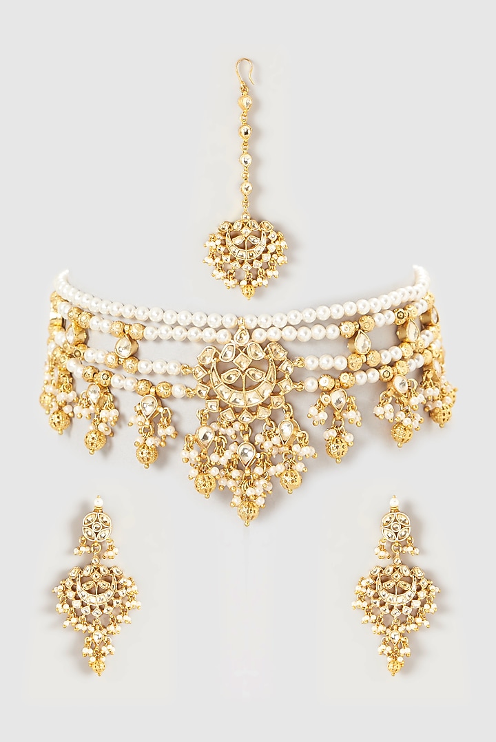 Gold Plated Kundan Polki & Semi-Precious Stone Choker Necklace Set by Turquoise Jewels at Pernia's Pop Up Shop