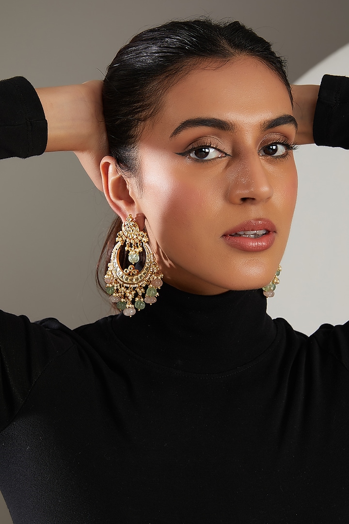 Gold Finish Kundan Polki & Pink Quartz Dangler Earrings by Turquoise Jewels