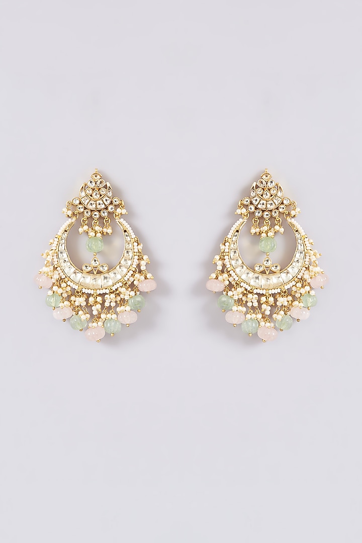 Gold Finish Kundan Polki & Pink Quartz Dangler Earrings by Turquoise Jewels at Pernia's Pop Up Shop