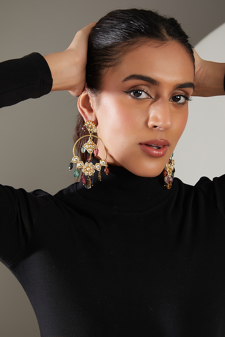 Gold Finish Kundan Polki & Multi-Colored Semi-Precious Stone Dangler Earrings by Turquoise Jewels