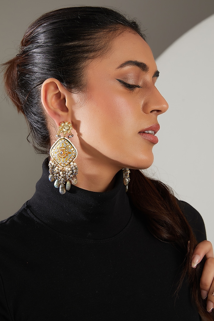Gold Finish Green Semi-Precious Stone & Pearl Meenakari Dangler Earrings by Turquoise Jewels