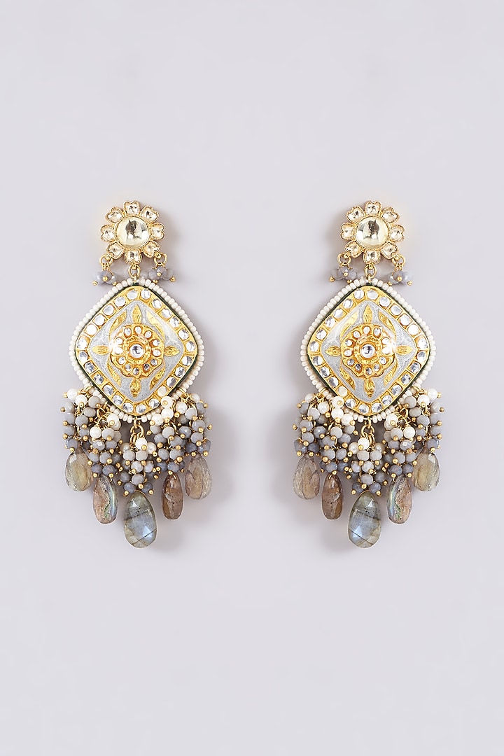 Gold Finish Green Semi-Precious Stone & Pearl Meenakari Dangler Earrings by Turquoise Jewels at Pernia's Pop Up Shop