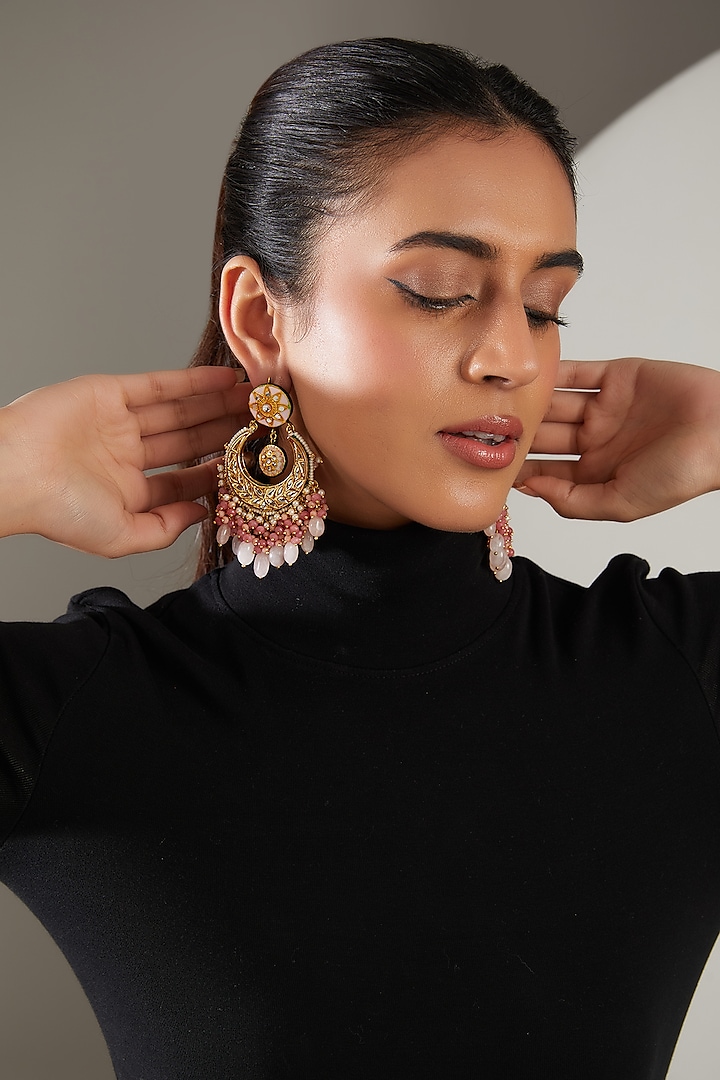 Gold Finish Pink Quartz & Semi-Precious Stone Meenakari Dangler Earrings by Turquoise Jewels