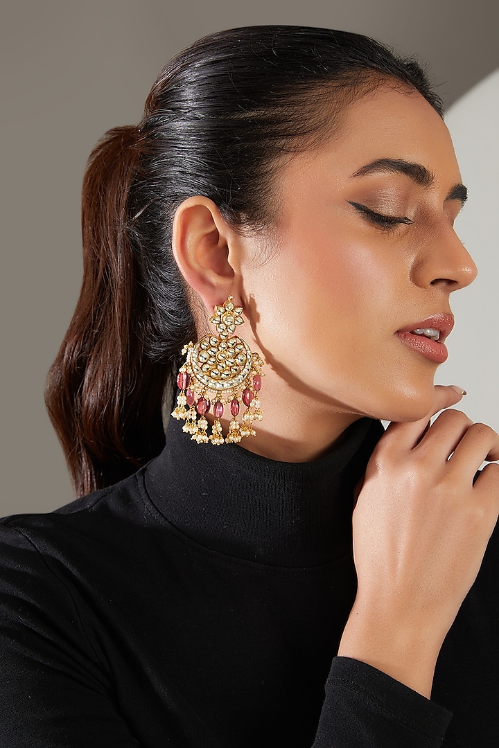 Gold Finish Kundan Polki & Pink Semi-Precious Stone Dangler Earrings by Turquoise Jewels