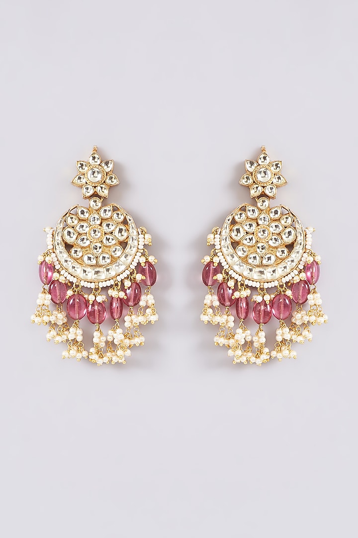 Gold Finish Kundan Polki & Pink Semi-Precious Stone Dangler Earrings by Turquoise Jewels at Pernia's Pop Up Shop