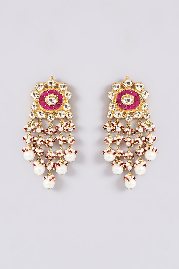 Gold Finish Kundan Polki & Red Semi-Precious Stone Dangler Earrings by Turquoise Jewels at Pernia's Pop Up Shop