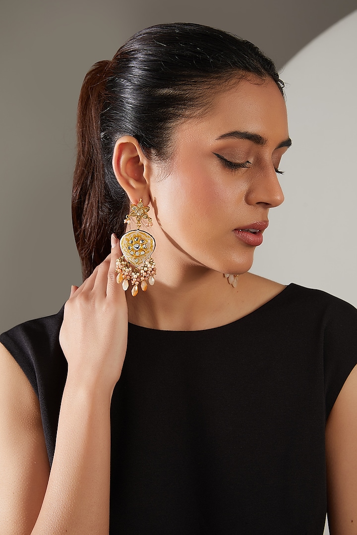 Gold Finish Peach Onyx & Semi-Precious Stone Meenakari Dangler Earrings by Turquoise Jewels