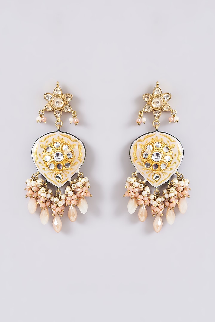 Gold Finish Peach Onyx & Semi-Precious Stone Meenakari Dangler Earrings by Turquoise Jewels at Pernia's Pop Up Shop