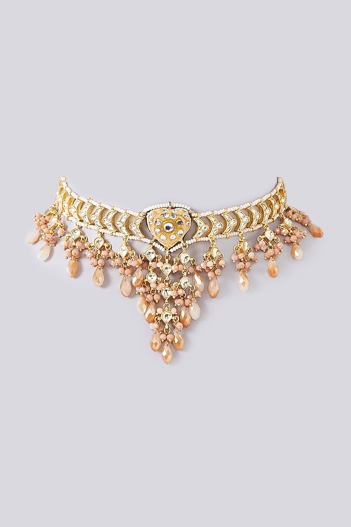 Gold Finish Peach Onyx & Semi-Precious Stone Meenakari Necklace by Turquoise Jewels at Pernia's Pop Up Shop