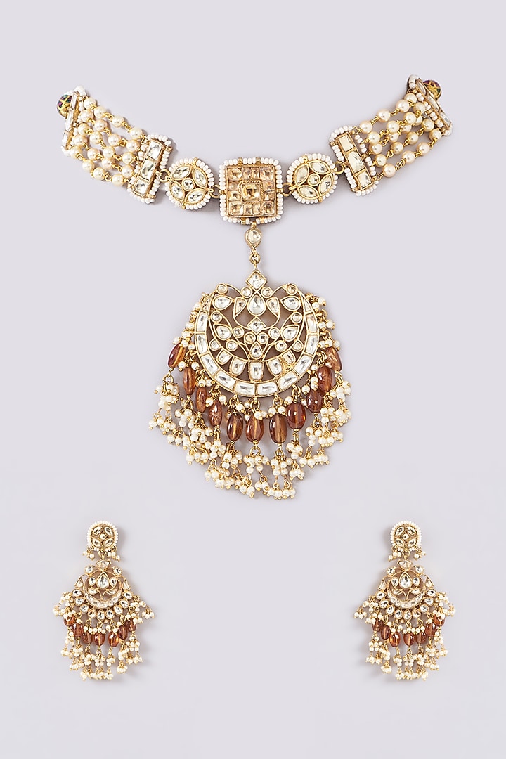 Gold Finish Brown Semi-Precious Stone & Kundan Polki Necklace Set by Turquoise Jewels at Pernia's Pop Up Shop