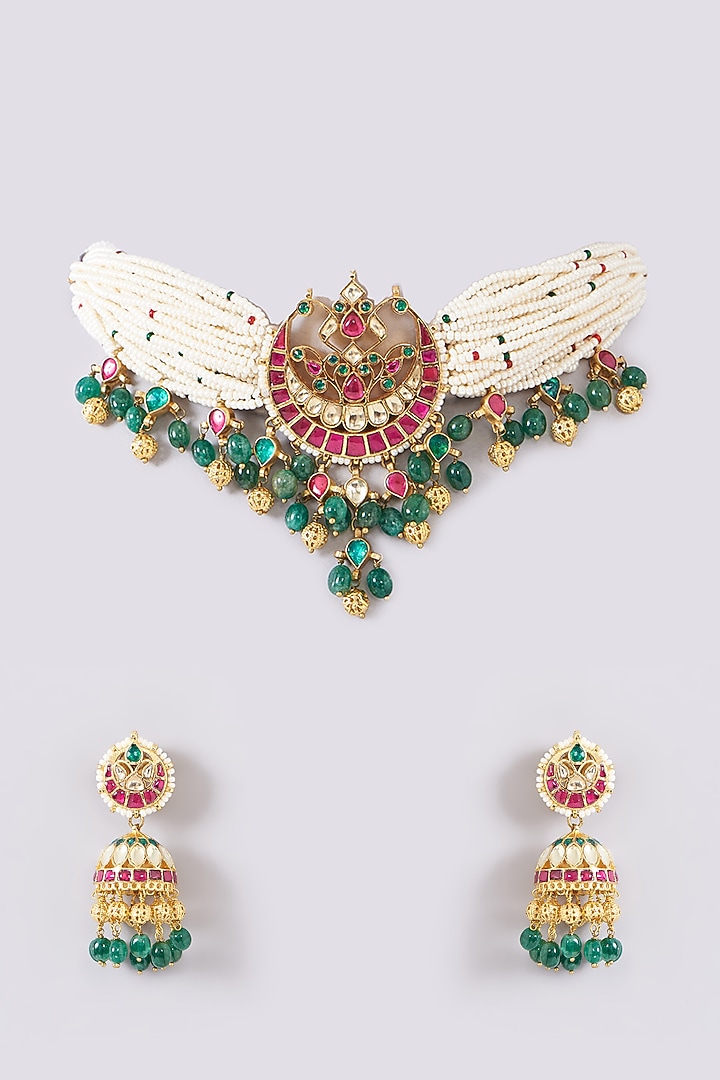 Gold Finish Multi-Colored Semi-Precious Stone & Kundan Polki Necklace Set by Turquoise Jewels at Pernia's Pop Up Shop