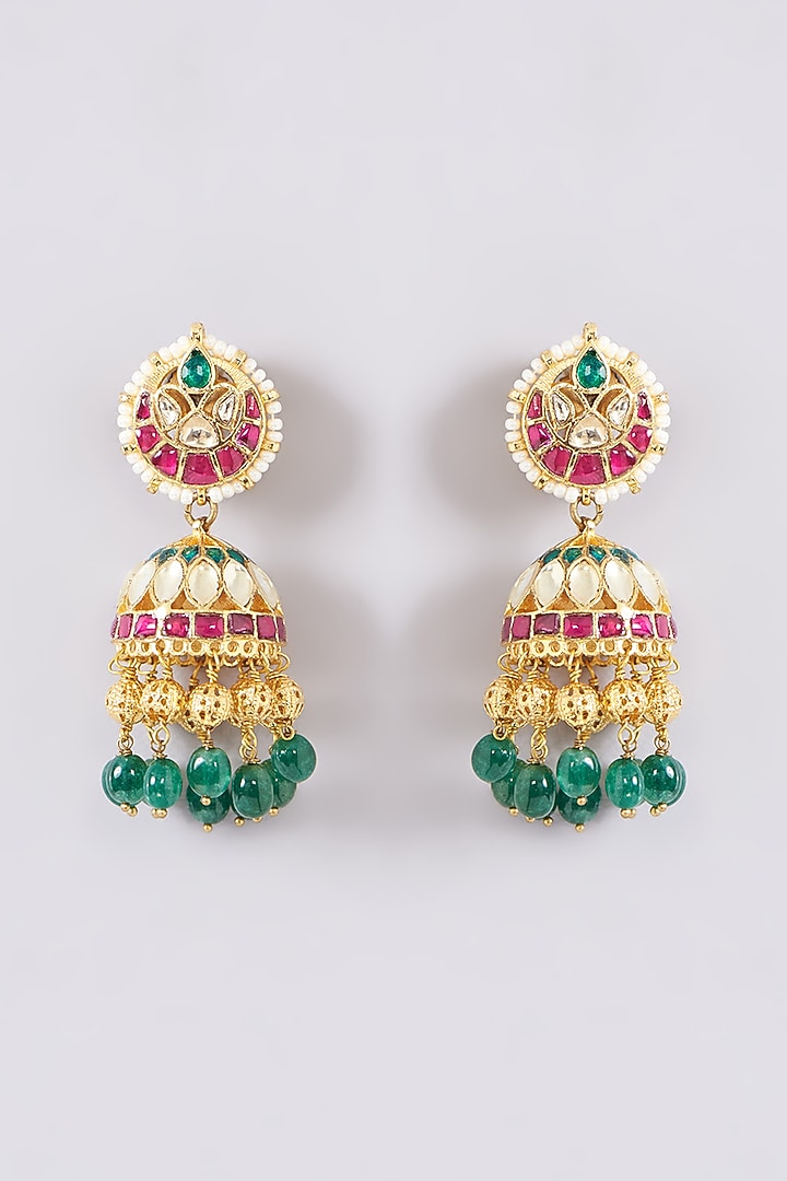 Gold Finish Multi-Colored Semi-Precious Stone & Kundan Polki Necklace Set by Turquoise Jewels at Pernia's Pop Up Shop