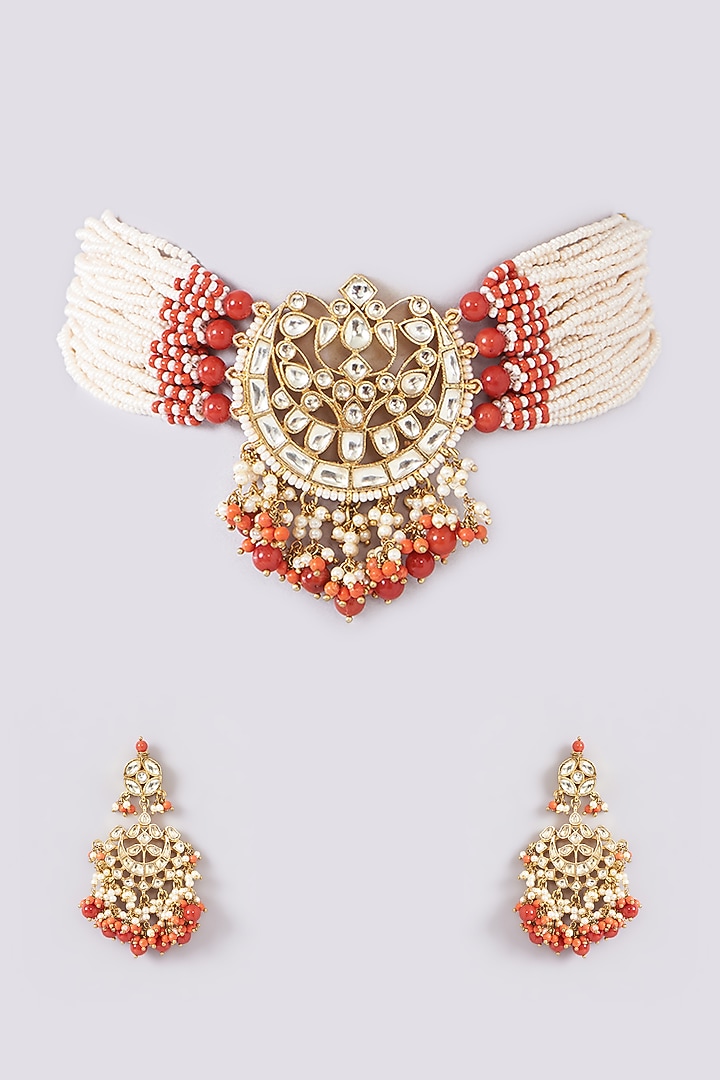 Gold Finish Coral Semi-Precious Stone & Kundan Polki Necklace Set by Turquoise Jewels at Pernia's Pop Up Shop