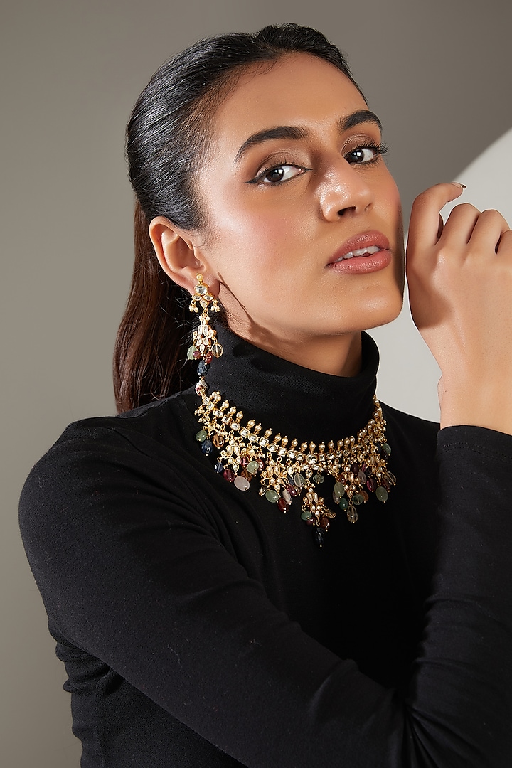 Gold Finish Multi-Colored Semi-Precious Stone & Kundan Polki Necklace Set by Turquoise Jewels