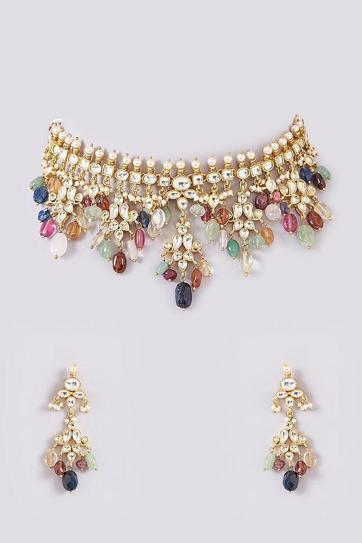 Gold Finish Multi-Colored Semi-Precious Stone & Kundan Polki Necklace Set by Turquoise Jewels at Pernia's Pop Up Shop