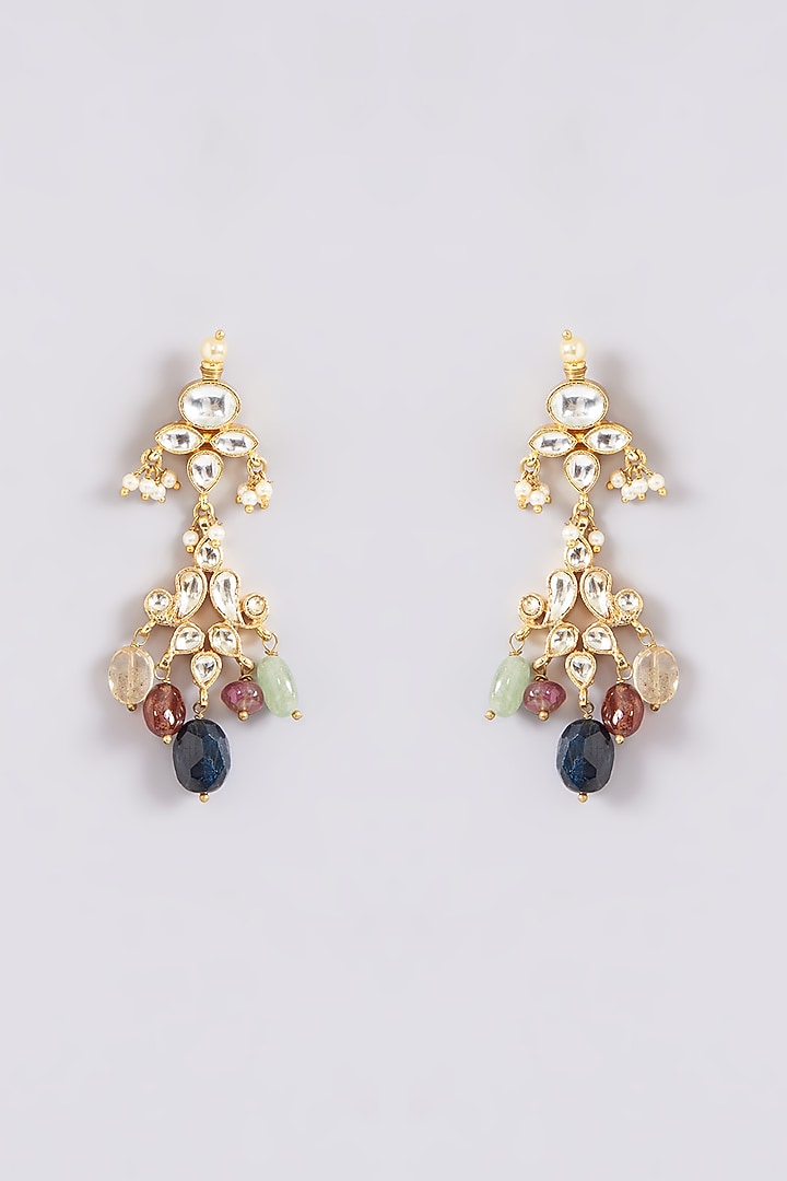 Gold Finish Multi-Colored Semi-Precious Stone & Kundan Polki Necklace Set by Turquoise Jewels at Pernia's Pop Up Shop