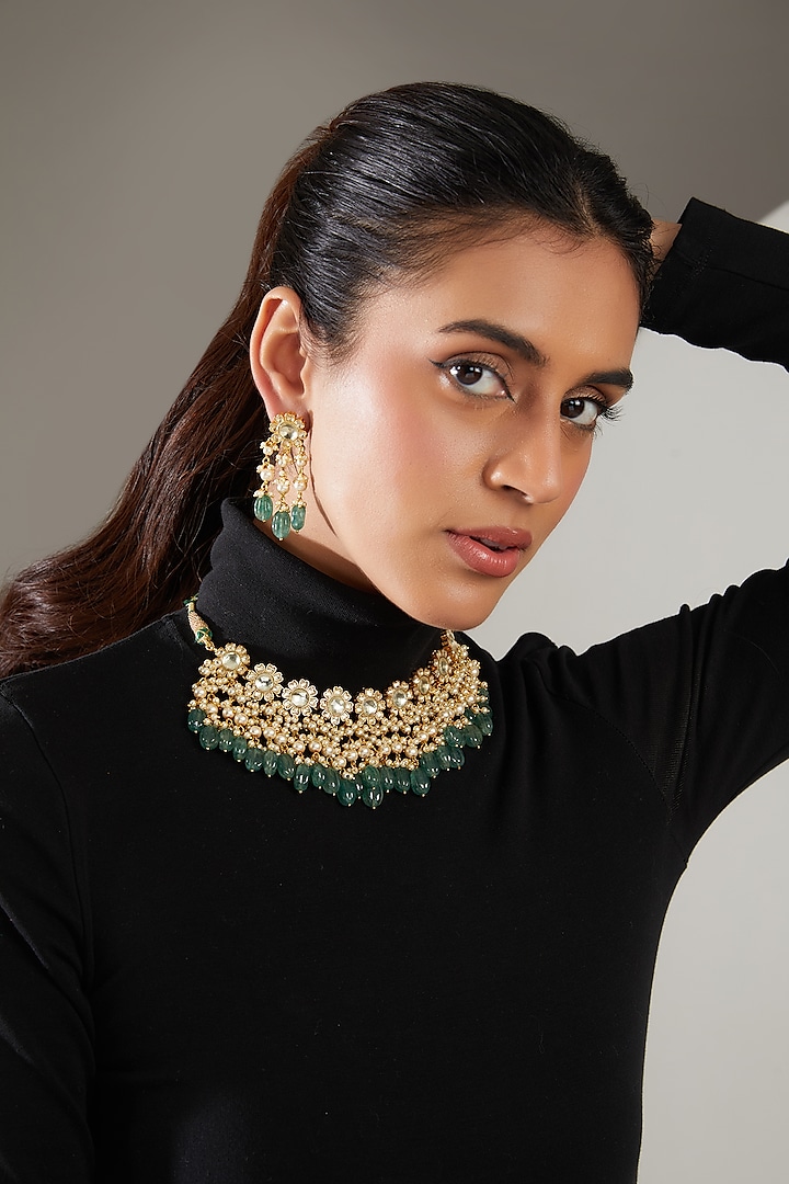 Gold Finish Green Semi-Precious Stone & Kundan Polki Necklace Set by Turquoise Jewels
