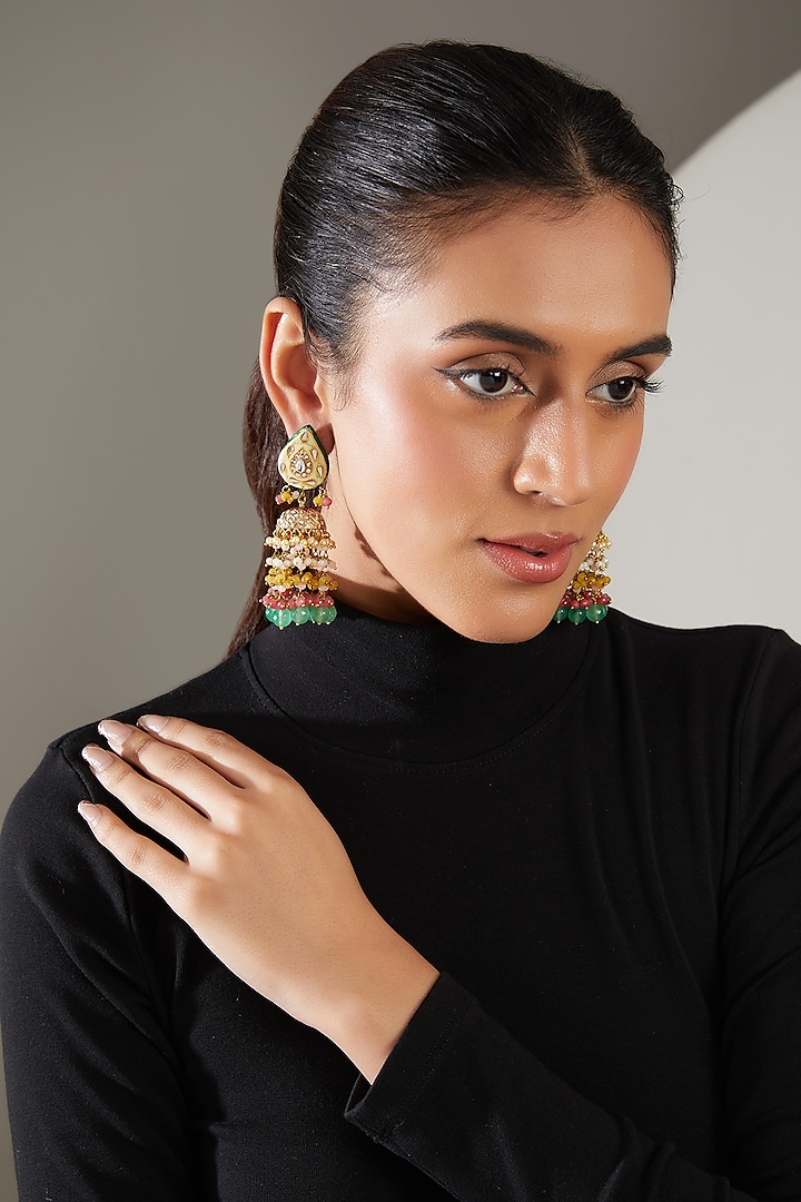 Gold Finish Multi-Colored Onyx & Semi-Precious Stone Meenakari Dangler Earrings by Turquoise Jewels