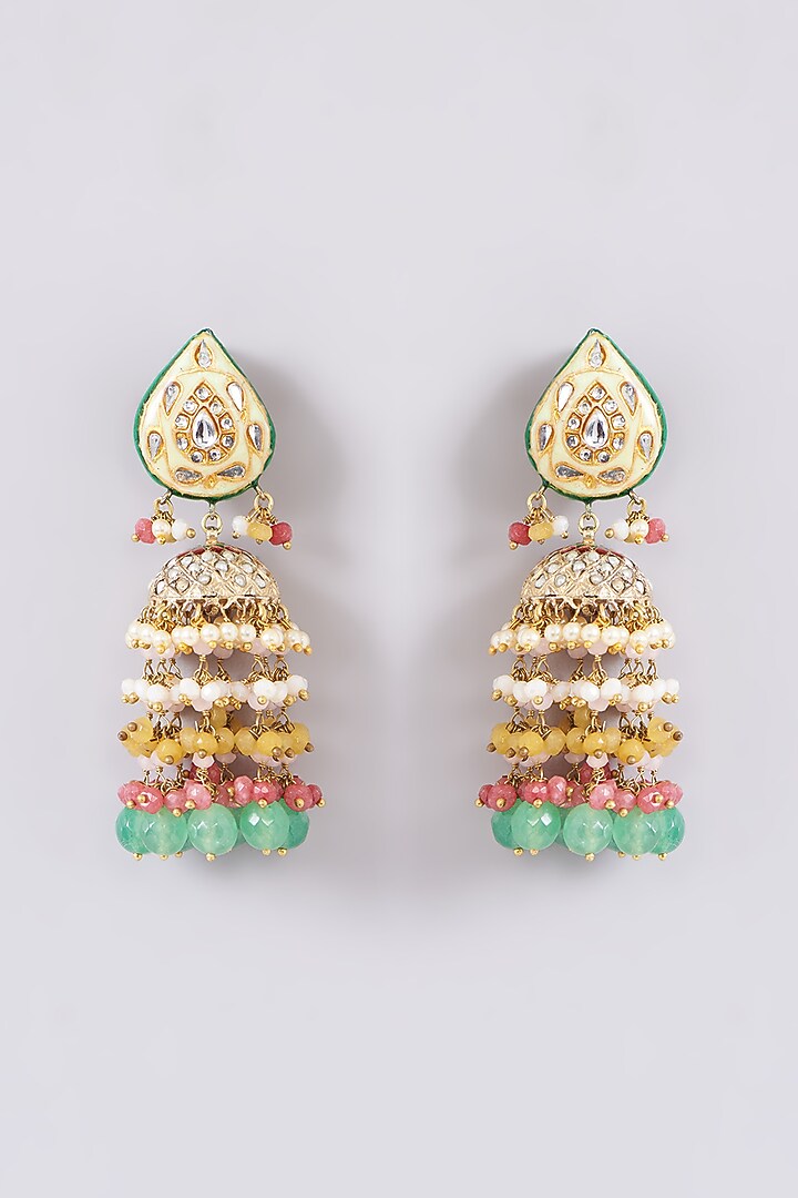 Gold Finish Multi-Colored Onyx & Semi-Precious Stone Meenakari Dangler Earrings by Turquoise Jewels at Pernia's Pop Up Shop