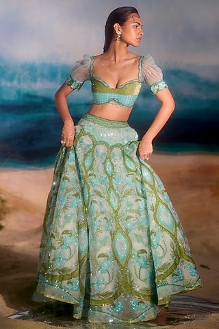 Sea Blue Silk Velvet Resham Embroidered Lehenga Set by TUHINA SRIVASTAVA