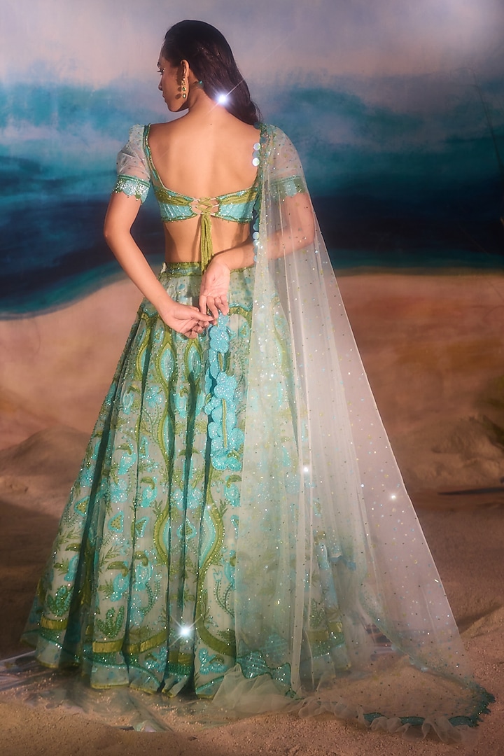 Sea Blue Silk Velvet Resham Embroidered Bridal Lehenga Set by TUHINA SRIVASTAVA at Pernia's Pop Up Shop