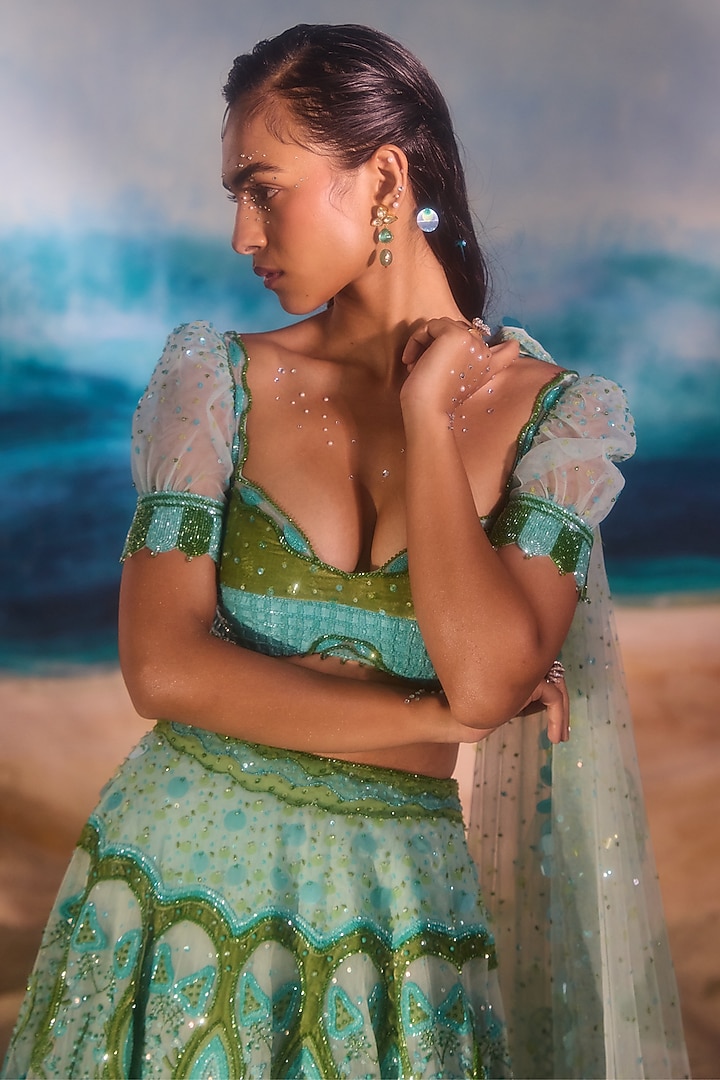 Sea Blue Silk Velvet Resham Embroidered Bridal Lehenga Set by TUHINA SRIVASTAVA at Pernia's Pop Up Shop