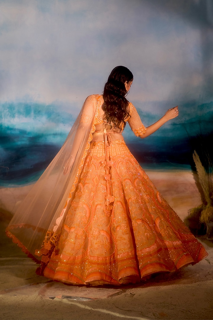 Peach Silk Velvet Bead Embellished Bridal Lehenga Set by TUHINA SRIVASTAVA at Pernia's Pop Up Shop