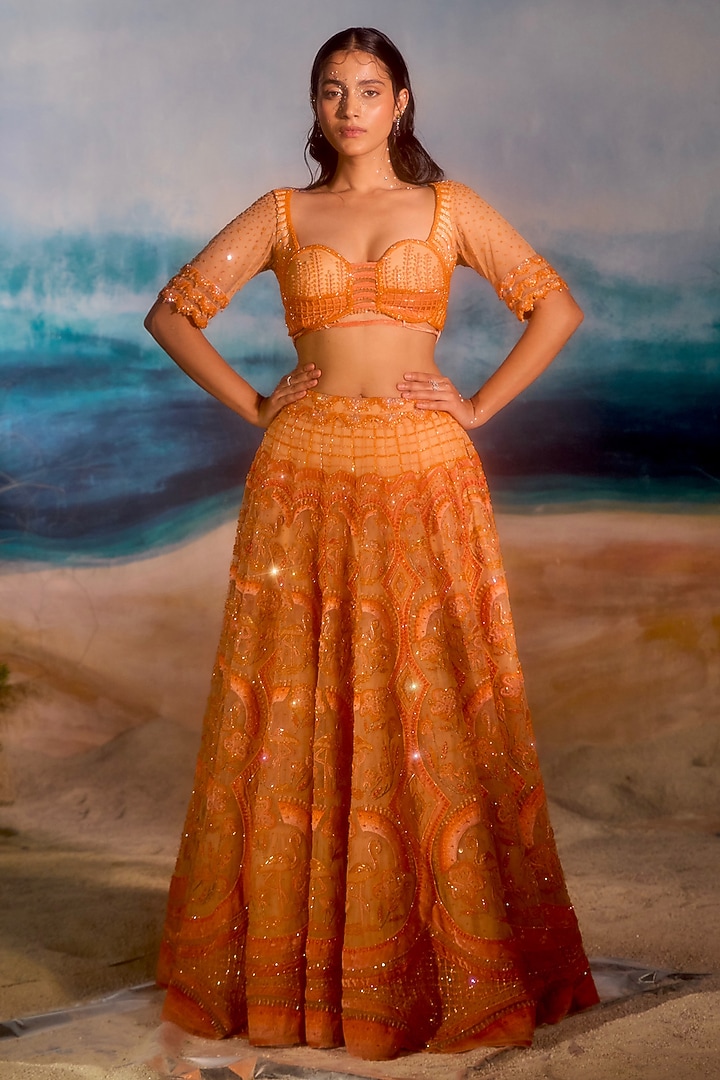Peach Silk Velvet Bead Embellished Bridal Lehenga Set by TUHINA SRIVASTAVA at Pernia's Pop Up Shop
