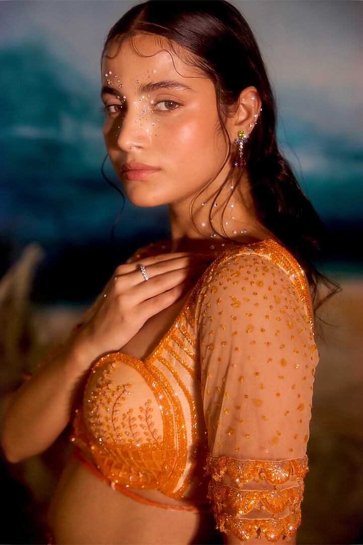 Peach Silk Velvet Bead Embellished Bridal Lehenga Set by TUHINA SRIVASTAVA at Pernia's Pop Up Shop