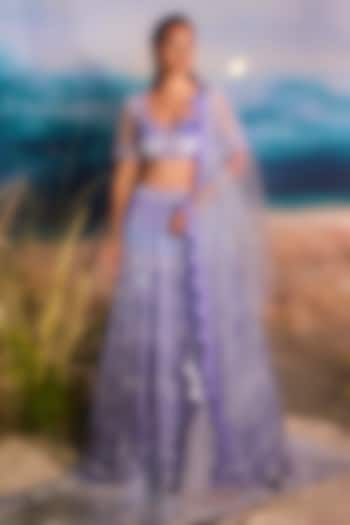 Blue Tulle Sequin Embellished Bridal Lehenga Set by TUHINA SRIVASTAVA at Pernia's Pop Up Shop