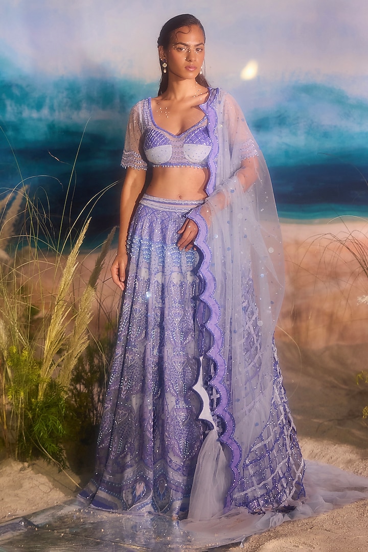 Blue Tulle Sequin Embellished Bridal Lehenga Set by TUHINA SRIVASTAVA at Pernia's Pop Up Shop