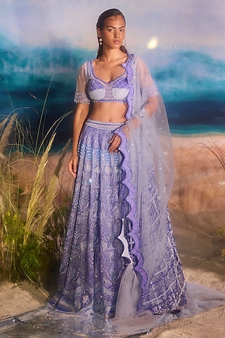 Blue Tulle Sequin Embellished Lehenga Set by TUHINA SRIVASTAVA