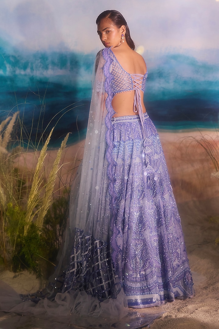Blue Tulle Sequin Embellished Bridal Lehenga Set by TUHINA SRIVASTAVA at Pernia's Pop Up Shop