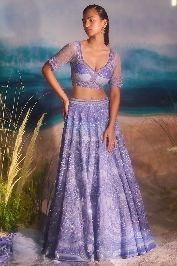 Blue Tulle Sequin Embellished Bridal Lehenga Set by TUHINA SRIVASTAVA at Pernia's Pop Up Shop